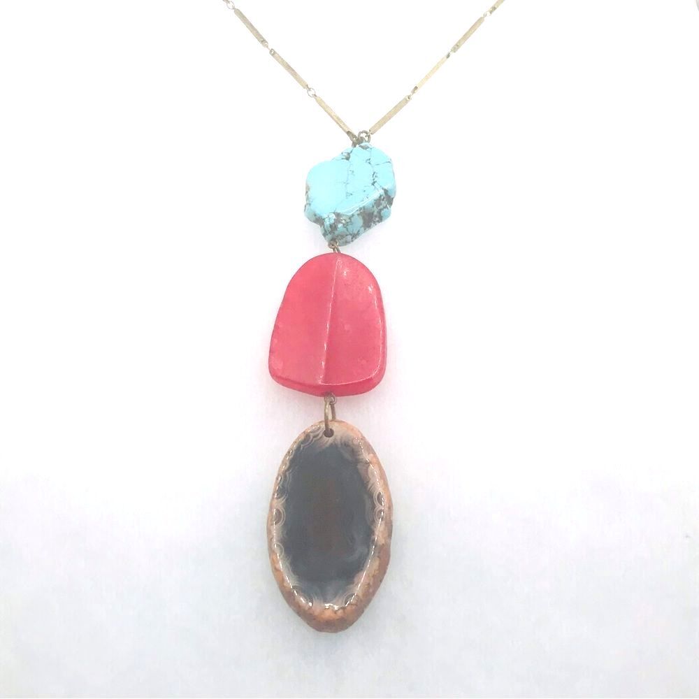 Long Gold Multicolor Stone Statement Pendant Necklace